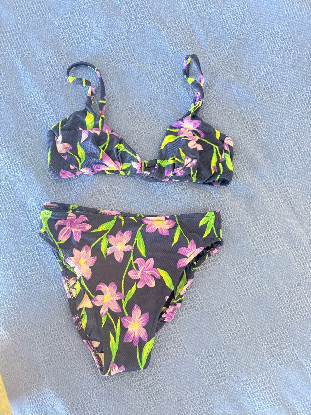 Floral Two-Piece Bikini Set in Navy with Pink & Lime Flowers